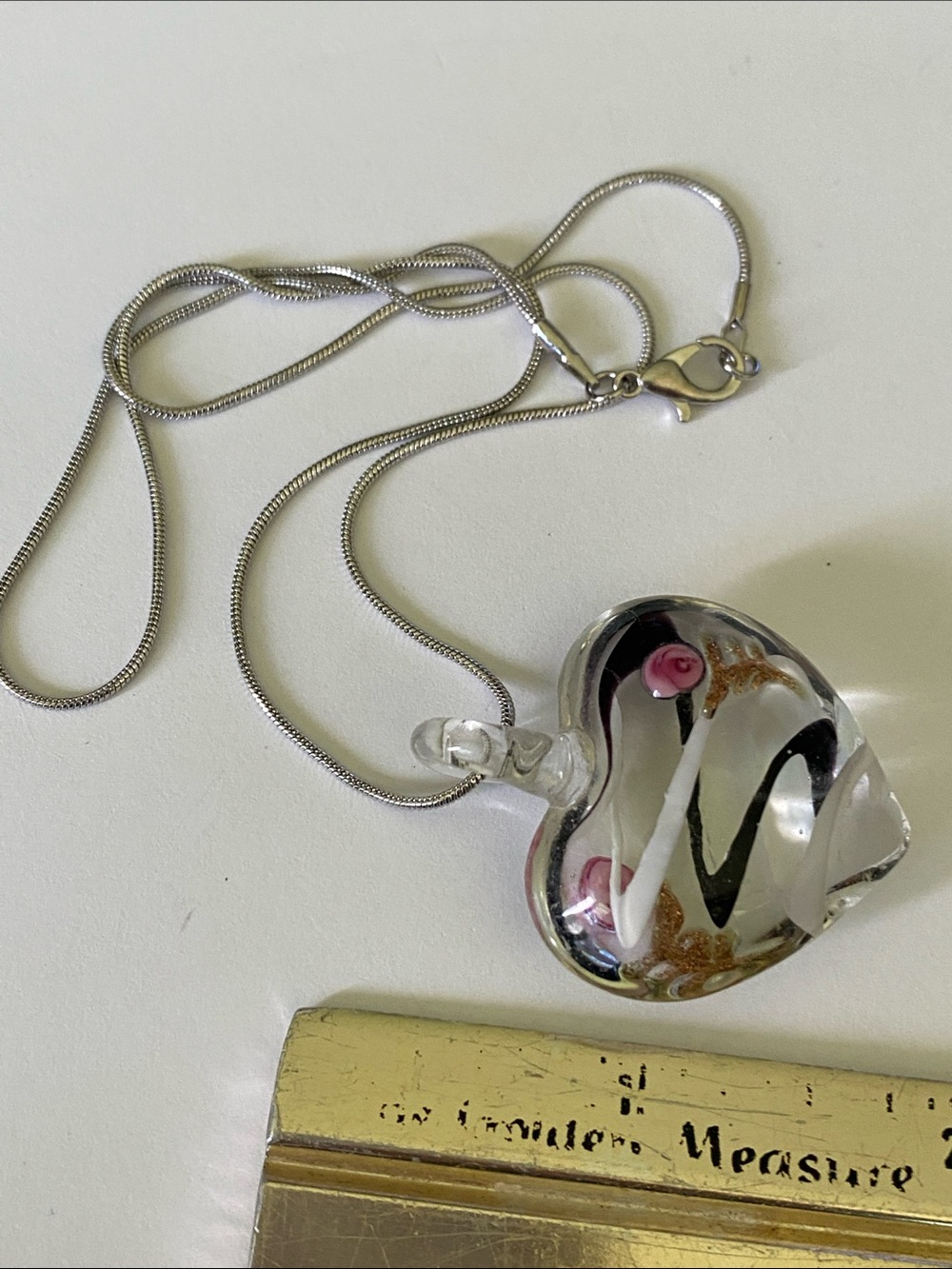 Artisan Clear Heart Glass Pendant Necklace with Pink and Gold Accents - Picture 5 of 5